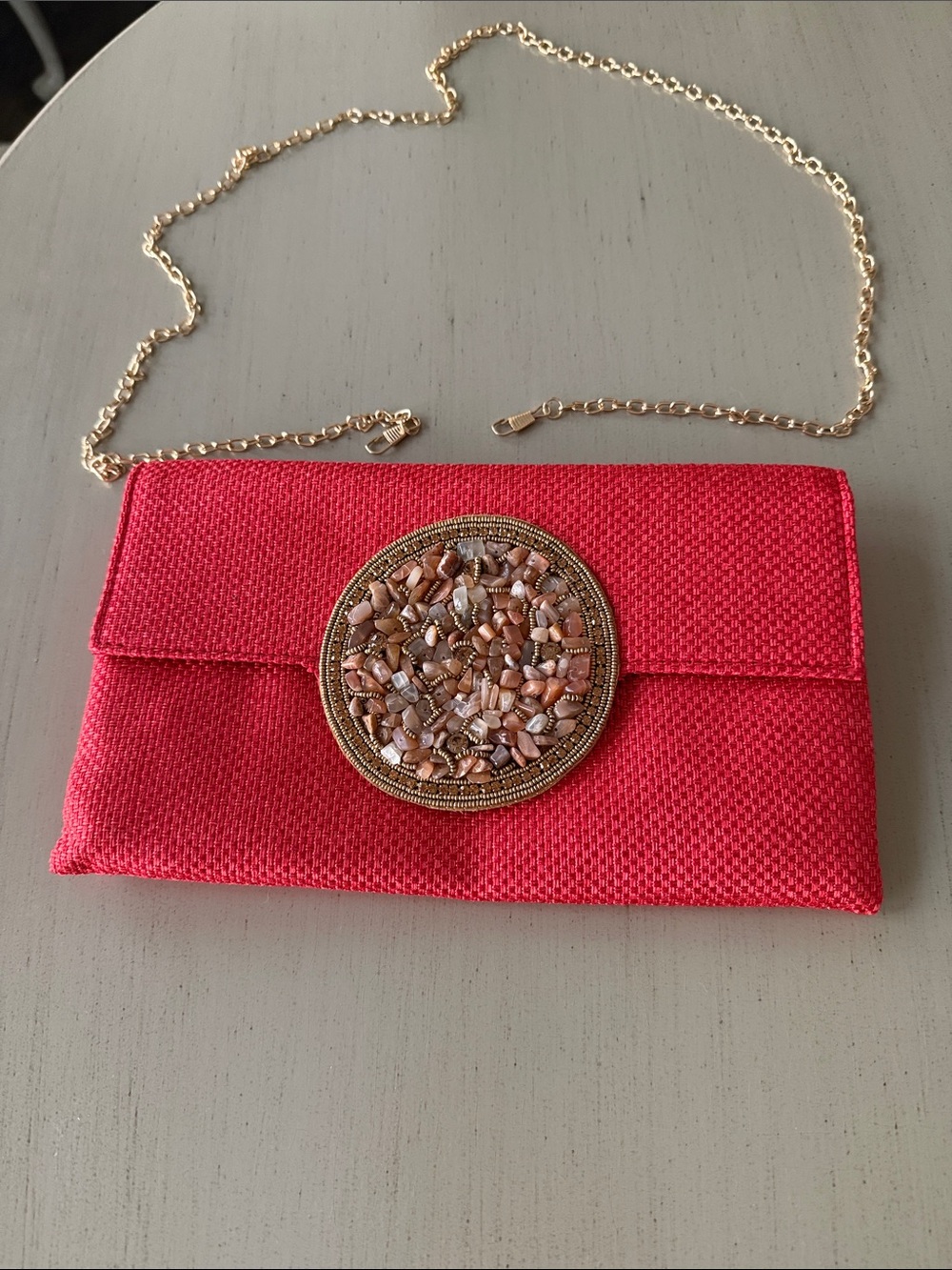 Red Beaded Medallion Chain Clutch Hand Made, used once